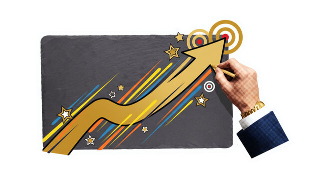 Breakthrough business growth sticker, hand pressing golden ascending trend arrow launching off chalkboard blueprint charts. Corporate success progress on transparent background.