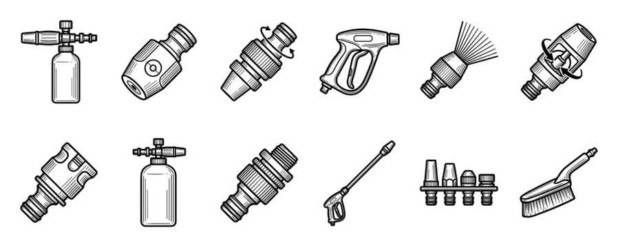 Set of pressure washer accessories including a foam cannon, spray gun, nozzles, and brush, illustrated in a detailed black and white line art style for cleaning and detailing