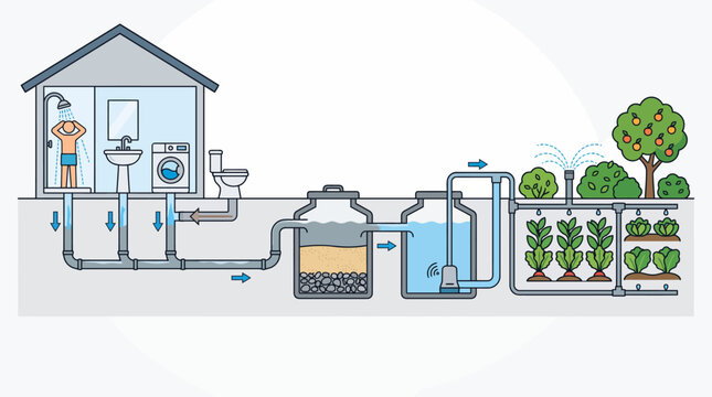 Flat vector diagram showing domestic greywater collected from shower and laundry, filtered, and reused for vegetable garden irrigation.