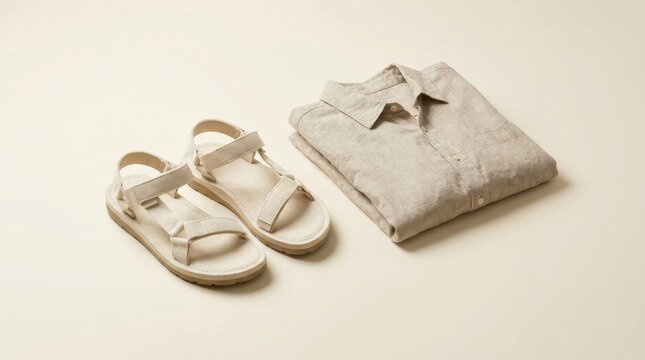 Neutral Tones Linen Shirt and Sandals Laid Flat.