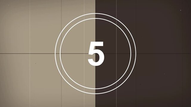 Vintage film grain countdown leader with classic aesthetic and flickering old projector texture for cinematic movie production transition 4K animation
