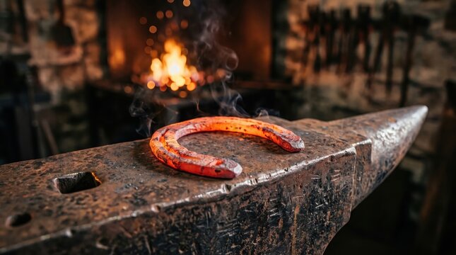 Glowing hot metal horseshoe resting on a heavy steel anvil in a traditional blacksmith workshop.