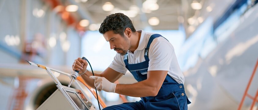 Technician performing non destructive inspection on aircraft component in hangar