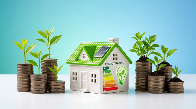 Model house with energy rating scale and growing plants on coin stacks