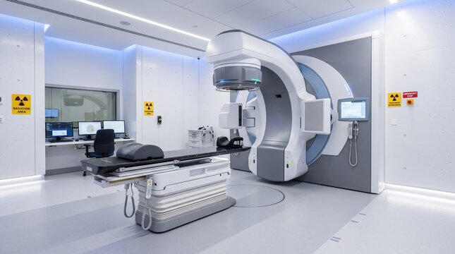 Modern Medical Linear Accelerator Gantry in High Tech Cancer Therapy Suite