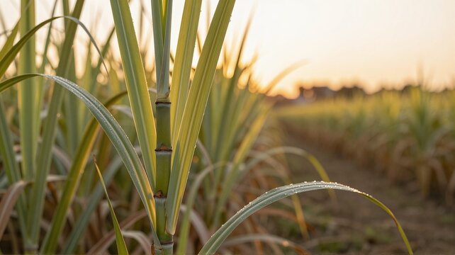 Fresh sugarcane plantation glistening with morning dew at sunrise