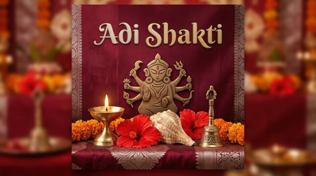 Adi shakti with goddess idol and conch shell illuminating festive decorations for hindu religious celebration.