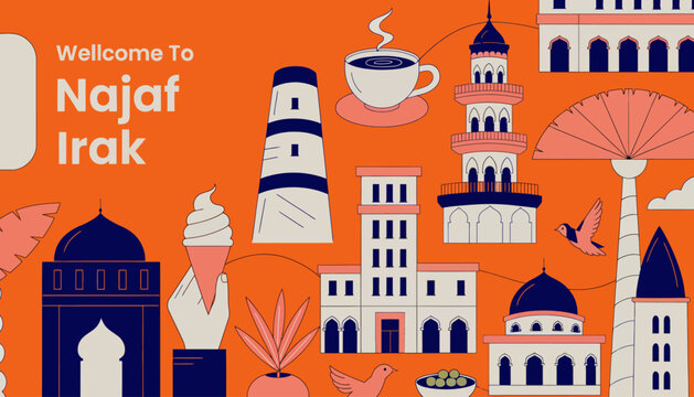 Welcome to Najaf Irak, illustration of city landmarks and icons