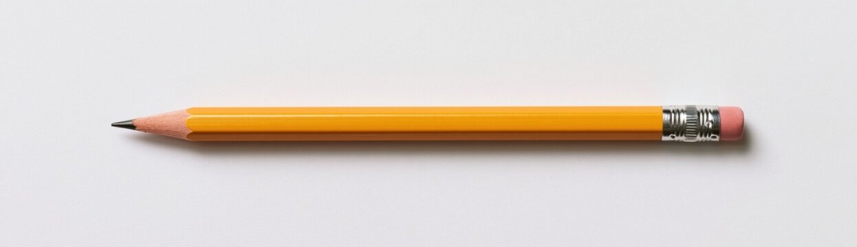 Yellow pencil with pink eraser lying on white