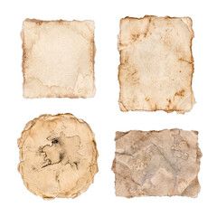 Fototapeta premium Four aged vintage paper pieces with distressed textures and torn edges