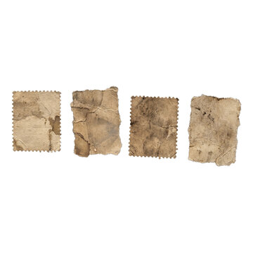 Four old postage stamp-like paper pieces with perforated edges
