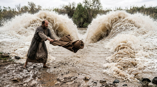 Elisha striking the waters of the Jordan River with Elijah's fallen cloak, parting the water to cross on dry ground
