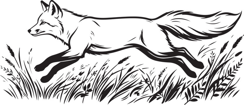 Black line art running fox vector, wild animal high speed illustration, grass texture wildlife design