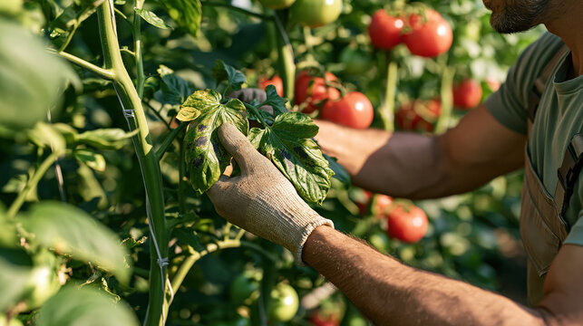 Crop disease management concept showing professional grower inspecting diseased tomato leaf in greenhouse with focused care and expertise