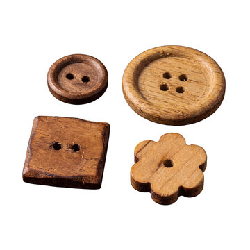 Assortment of four natural wooden buttons with visible grain