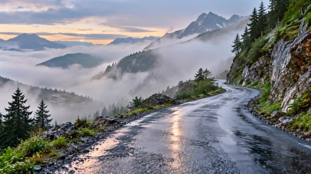 Winding mountain road through misty alpine scenery with evergreen trees and rugged peaks, suited for travel, tourism, adventure, nature, transportation and outdoor marketing.