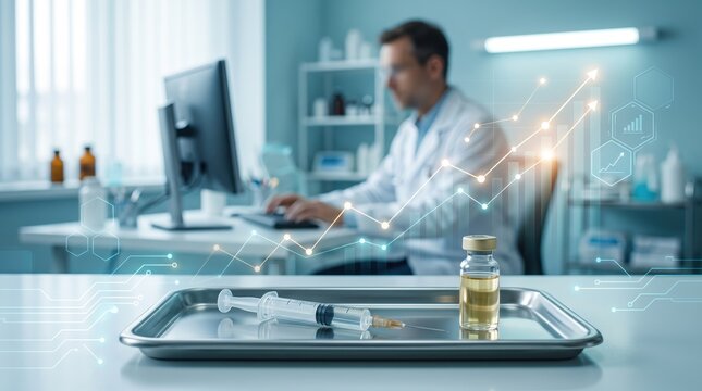 Medical research and pharmaceutical development concept with syringe and vial on tray, doctor working at computer with rising growth chart overlay in laboratory