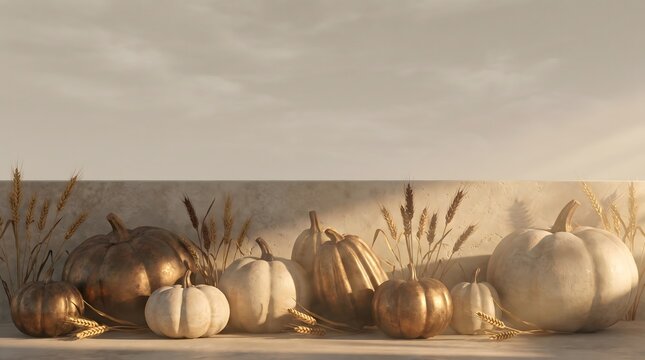 Thanksgiving still life with pumpkins and wheat autumnal harvest display