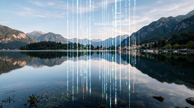 Digital data streams flowing over a serene mountain lake landscape