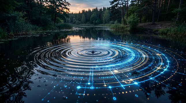 Digital data waves rippling across calm forest river surface at sunset