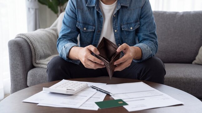 A Man Sitting on a Sofa Looking at an Empty Wallet while Trying to Manage Household Bills and Personal Finances at Home
