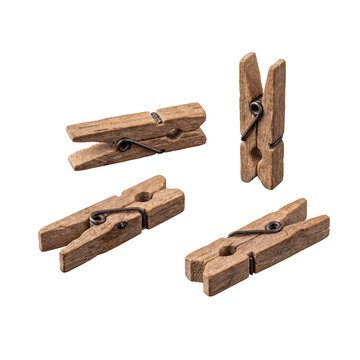 Old Weathered Wooden Clothespins with Metal Springs