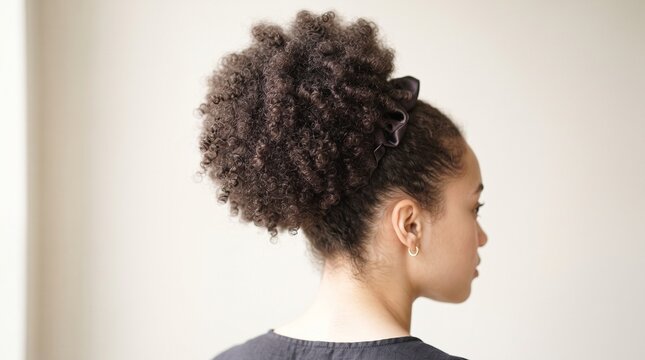 Macro close-up of natural Afro textured hair styled into a voluminous puff, showcasing realistic curls, rich texture, soft lighting, and clean copy space.