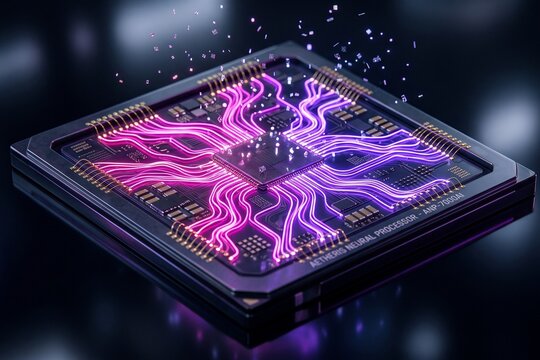 Futuristic AI processor with glowing purple neural pathways, advanced microchip for artificial intelligence, high-tech semiconductor hardware
