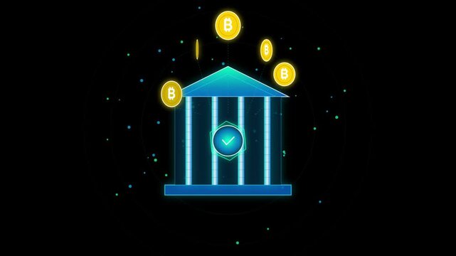 Crypto bank building with glowing bitcoin icons and checkmark security in digital financial network