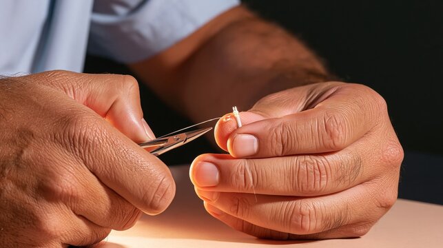 Technician hands terminating fibre optic cable with precision tool in close detail