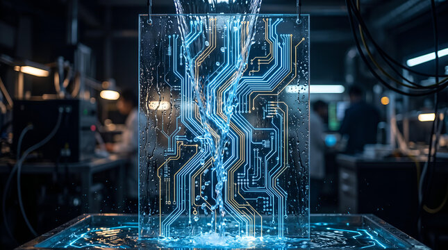 Water pouring over a glass panel with glowing circuit board patterns