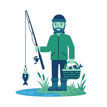 Bearded fisherman holding a fishing rod and basket of fish in a flat vector illustration