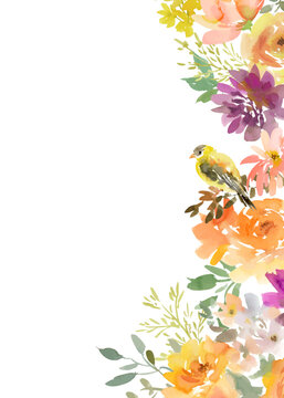 Watercolor floral vector background with abstract hand painted dahlia, wild flowers, leaves and bird for greeting card, wedding invitation and stationary design