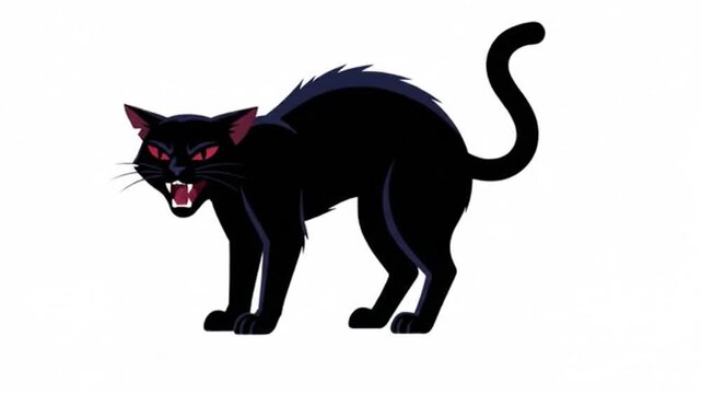 A menacing black cat with glowing red eyes arches its back in a classic aggressive halloween feline posture as a stylized graphic illustration for spooky seasonal designs
