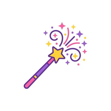 Magic wand icon with sparkling stars and swirls on a white background