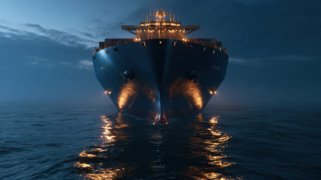 Commercial cargo ship approaching across dark ocean water under cloudy evening sky, illuminated navigation lights reflecting in waves