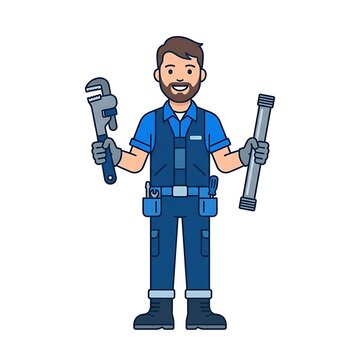 Cartoon plumber holding a pipe wrench and pipe isolated on white background