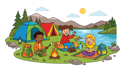 Fototapeta premium Children camping by lake with tents and campfire