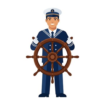 Male ship captain in uniform steering a wooden ship wheel