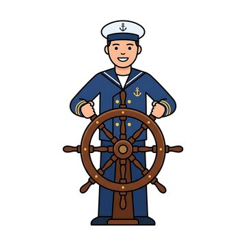 Cartoon sailor in uniform steering a ship with a wooden wheel