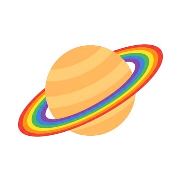 Stylized planet with rainbow rings isolated on white background