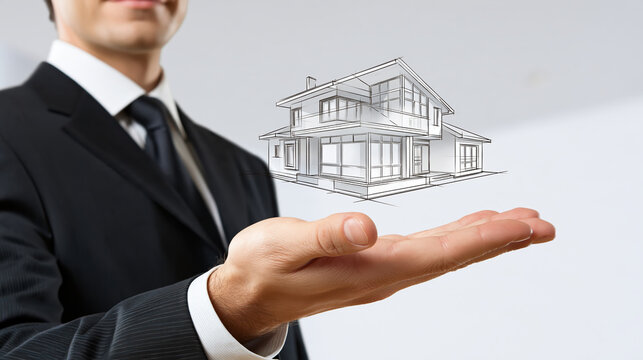 Home ownership concept featuring anonymous professional holding house drawing with hopeful expression and offering gesture