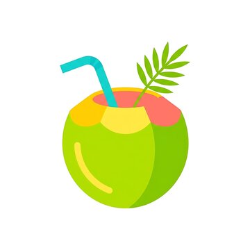 Flat vector illustration of a fresh coconut drink with a straw and palm leaf