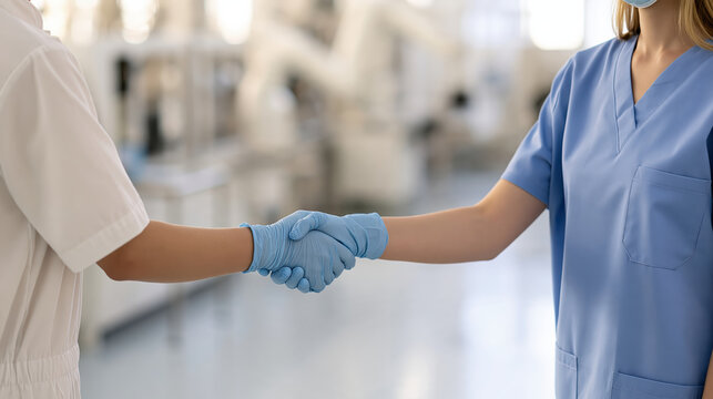 Healthcare worker handshake showing professional collaboration between anonymous medical staff in bright hospital corridor