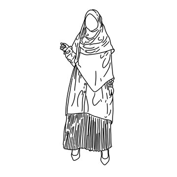 Muslim Woman Wearing Syari Hijab and Abaya Vector Illustration, Elegant Hijabi Girl in Modest Pastel Outfit Line Art Illustration, Modern Muslimah Character in Syari Outfit Vector Flat Design