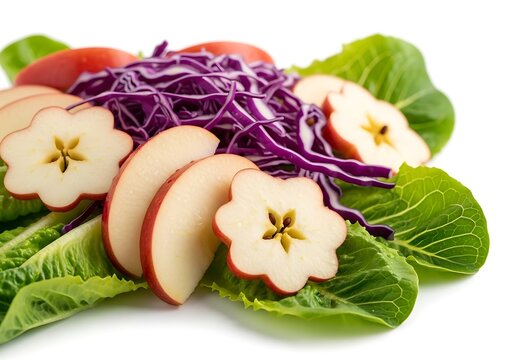 Fresh cut apple with red cabbage leaves