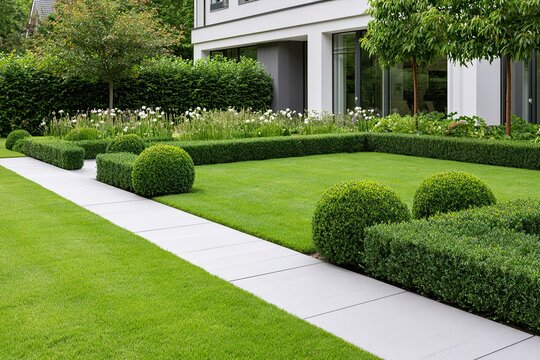 garden with stone path and manicured boxwood hedges landscape
