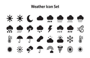 Obraz premium Weather icon set featuring sun moon rain clouds and storm elements for meteorological forecast interfaces.