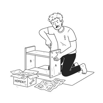Frustrated man assembling flat-pack furniture with instructions