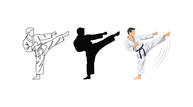 Karate fighter vector illustration set showing martial arts kicking poses
